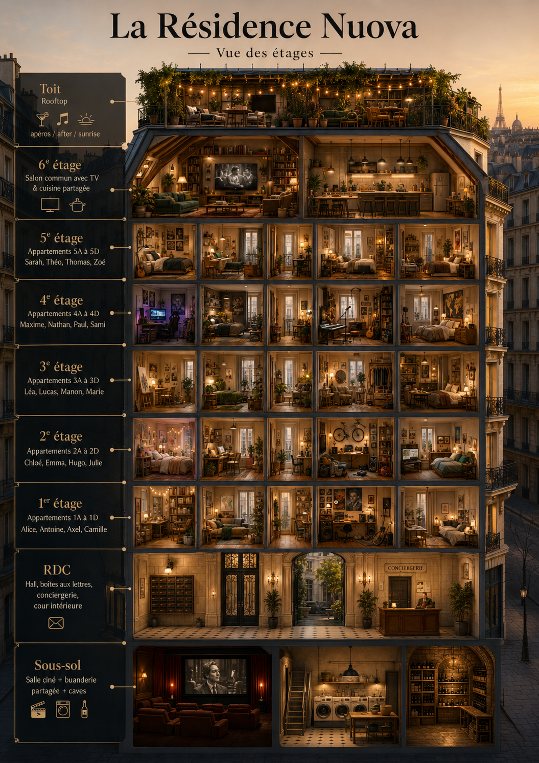 Planche officielle de la Résidence Nuova en vue de coupe : toit-terrasse avec rooftop, 6e étage avec salon commun (TV) et cuisine partagée, 5e à 1er étages avec 4 appartements par palier (A à D), rez-de-chaussée avec hall et conciergerie, sous-sol avec salle ciné, buanderie et caves.